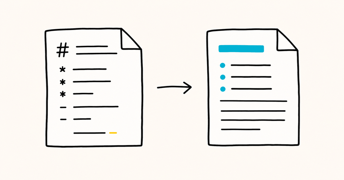 The same Markdown file shown as raw symbols on the left and as a clean, rendered document on the right