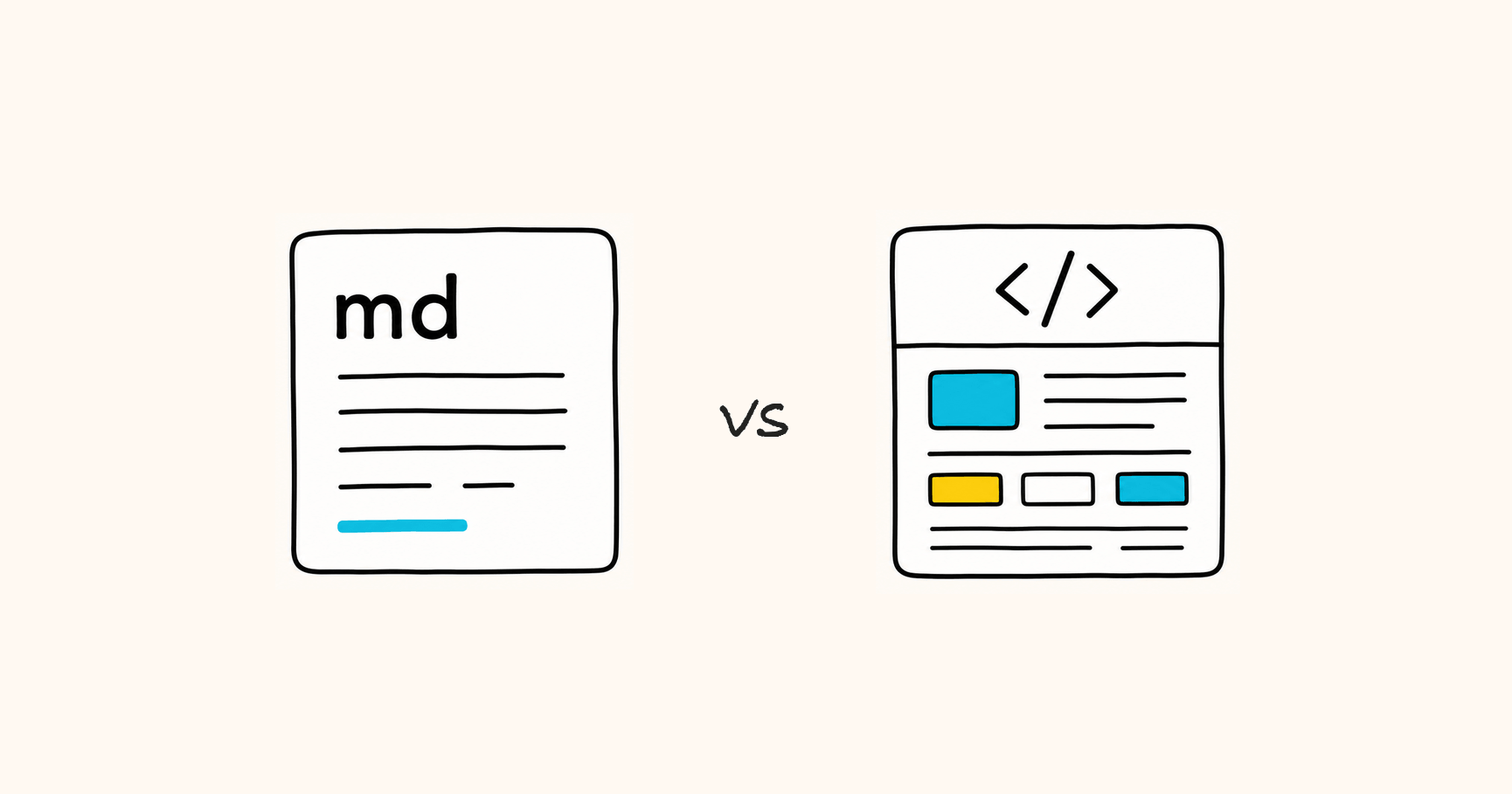 Markdown vs HTML cover: an md mark and an angle-bracket HTML mark side by side