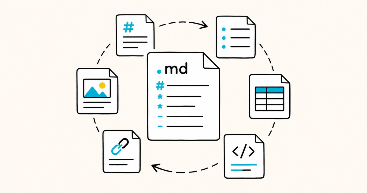 A .md file at the center linked to headings, lists, images, tables, code, and links