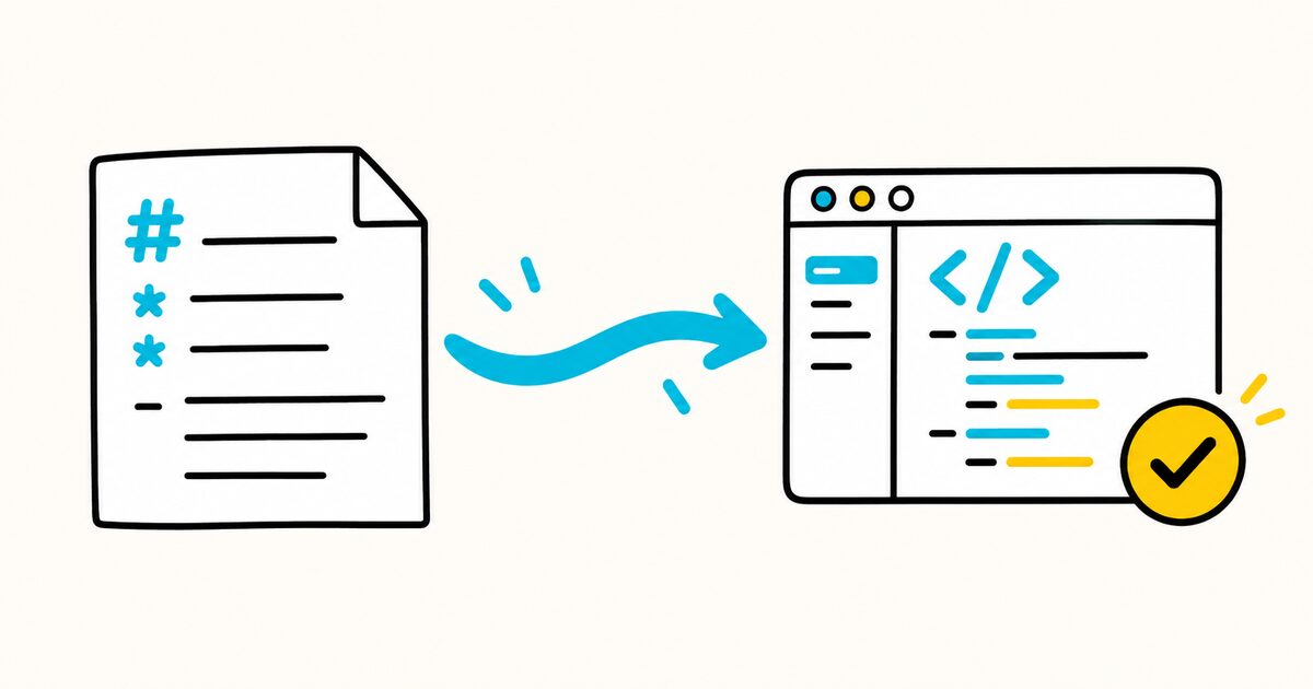 A Markdown rules document sending guidance along a flowing path into a code editor