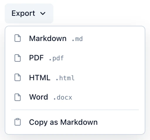Markdific Export menu with Markdown, PDF, HTML and Word options and Copy as Markdown.