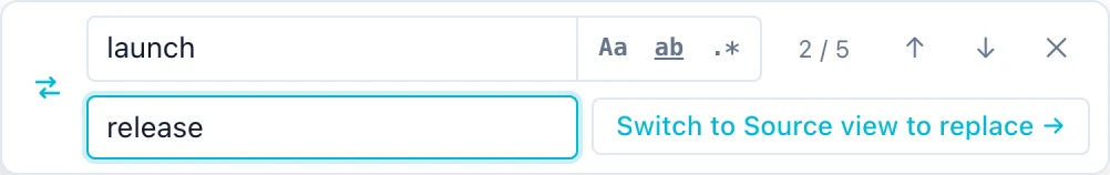 Markdific find and replace box searching for launch, 2 of 5 matches, with match case, whole word and regular expression options.