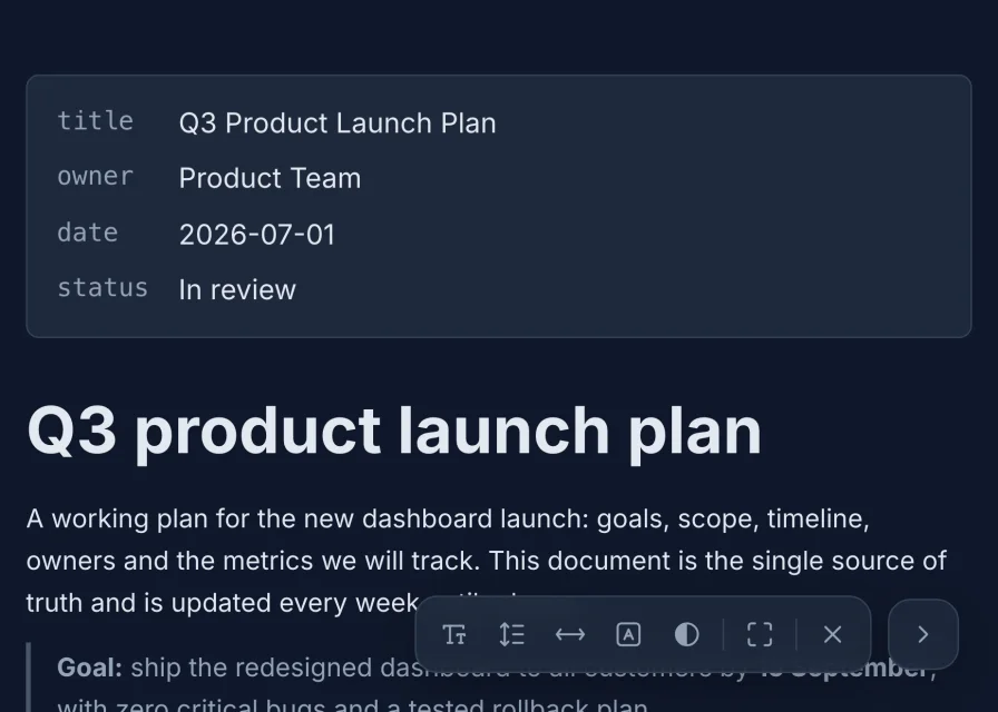 Markdific presentation mode in the Dark theme with the Inter font and the reading controls bar.