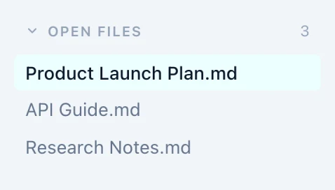 Markdific sidebar listing three open files.