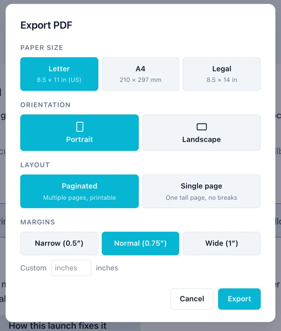 Markdific Export PDF dialog with paper size, orientation, layout and margin options.