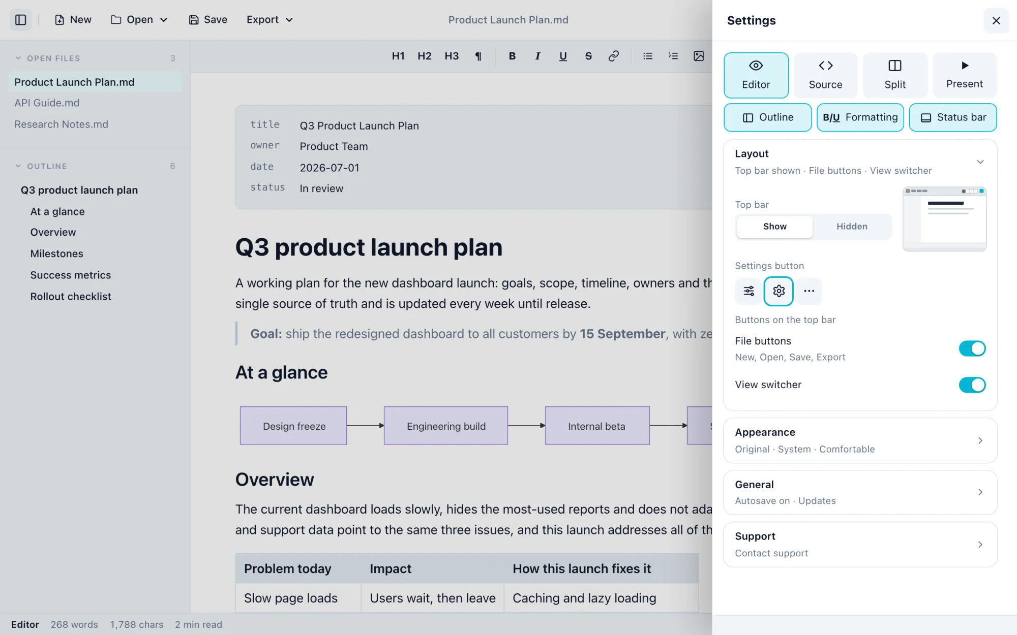 Markdific on a Mac: Settings view. Choose the view, panels, top bar layout, theme, font, width and autosave in one place.