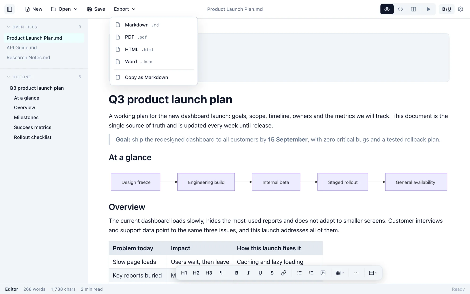 Export-Menü von Markdific mit den Optionen Markdown, PDF, HTML und Word sowie Copy as Markdown.
