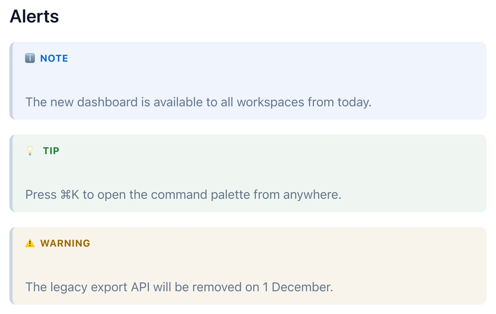 GitHub-style note, tip and warning alerts, each with its own colour and icon, rendered by Markdific.