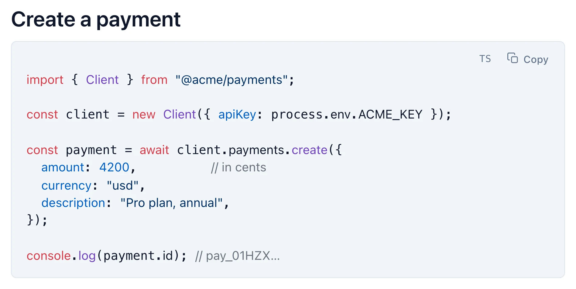 A TypeScript code block with syntax highlighting, a language label and a copy button, rendered by Markdific.