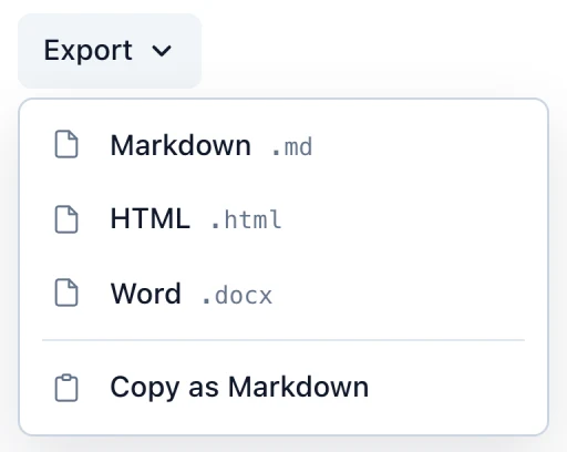 Markdific Export menu on Linux with Markdown, HTML and Word options and Copy as Markdown.