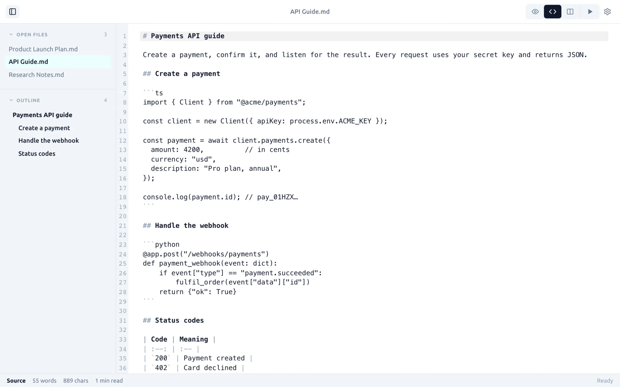 Markdific on Linux: Source view. The plain Markdown with line numbers, for precise edits to the file itself.