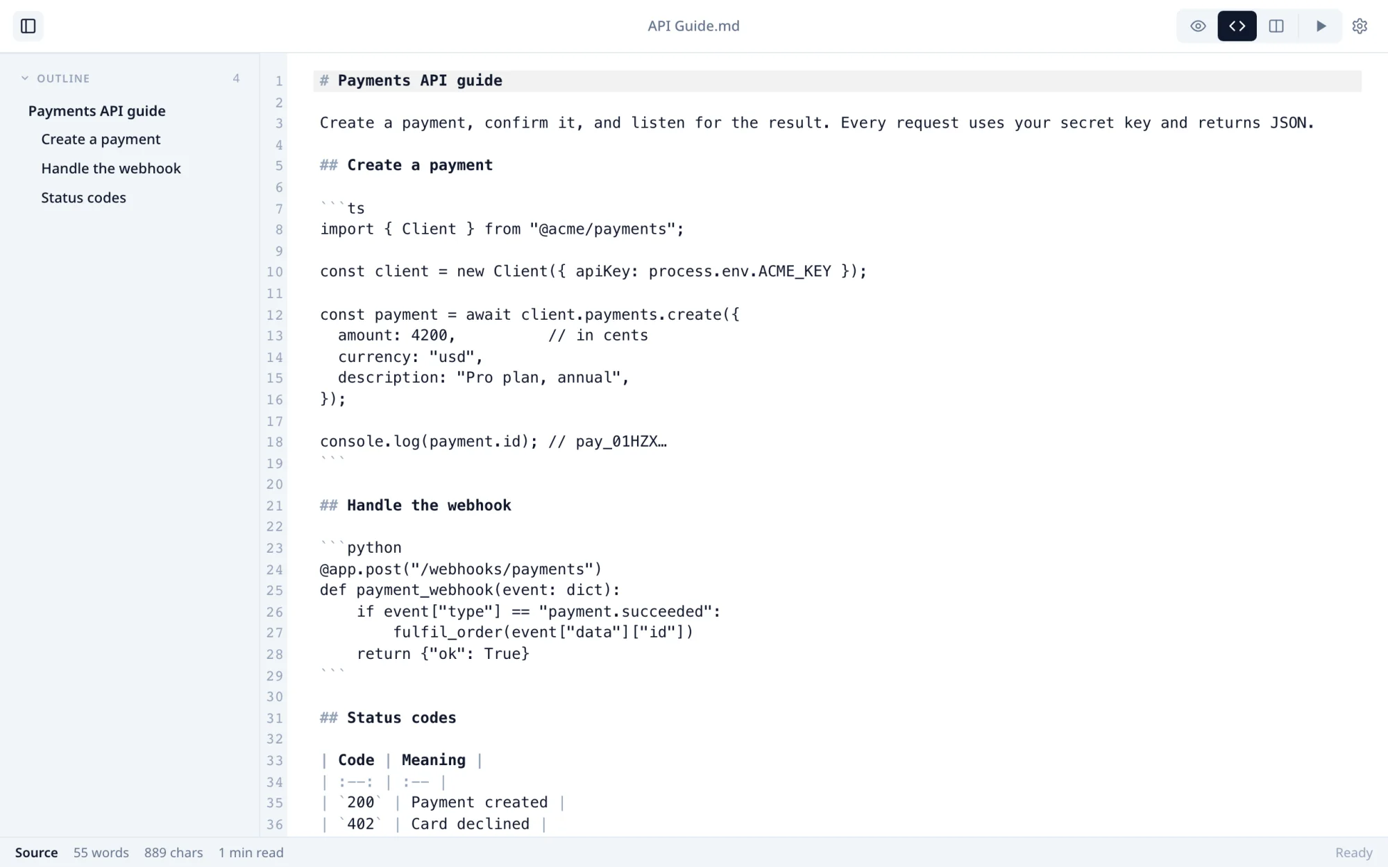 Markdific on Windows: Source view. The plain Markdown with line numbers, for precise edits to the file itself.