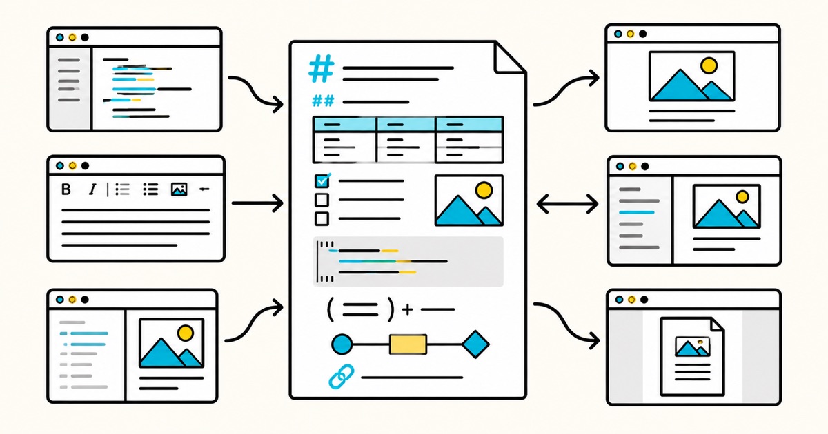 A Markdown document connected to checks for syntax, images, diagrams, and export compatibility