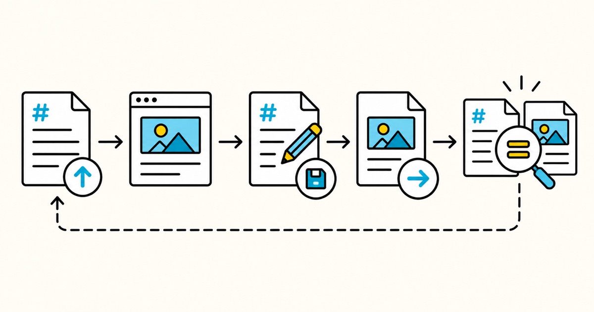 The Markdown compatibility test workflow from an untouched baseline through rendering, saving, export, and evidence collection
