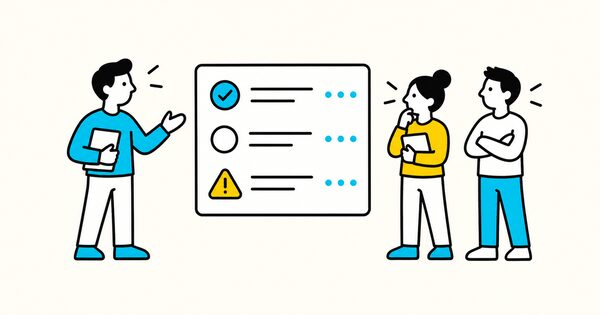 Three short standup update cards flowing into a blocker and action list