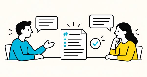 Two people connected by a shared one-on-one meeting document with feedback and action items