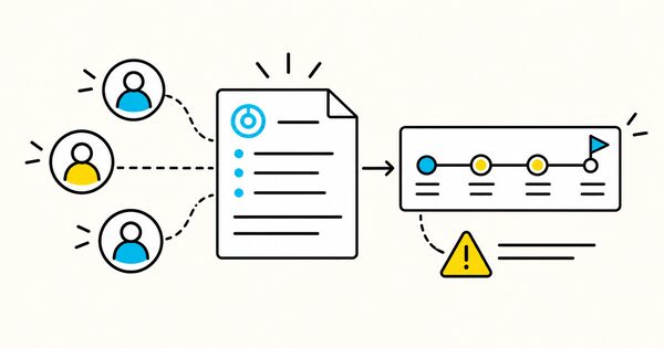 A project kickoff agenda connecting a team, milestone flag, risk, and action checklist