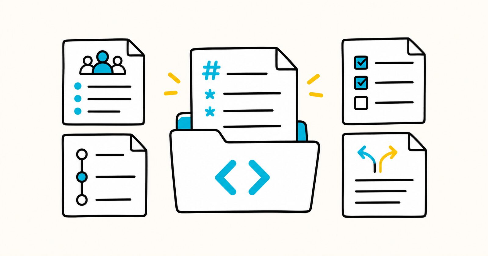 A Markdown template folder surrounded by meeting notes, a project timeline, a checklist, and a decision document